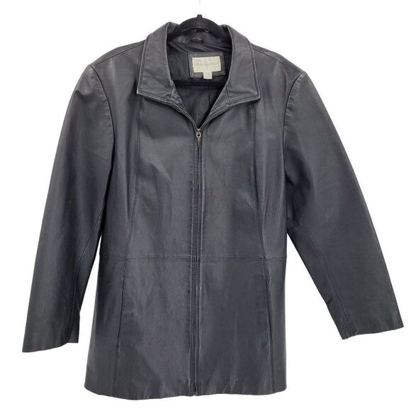 Vintage 80's Worthington Leather Jacket Sleek Moto Zip Up Collared Black L - Picture 1 of 11